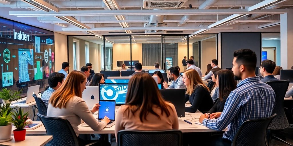 Profissionais de marketing digital colaborando em ambiente moderno.