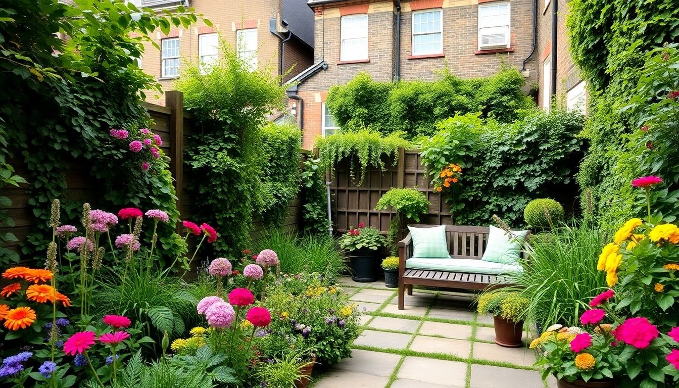 Lush London garden with flowers and seating area.