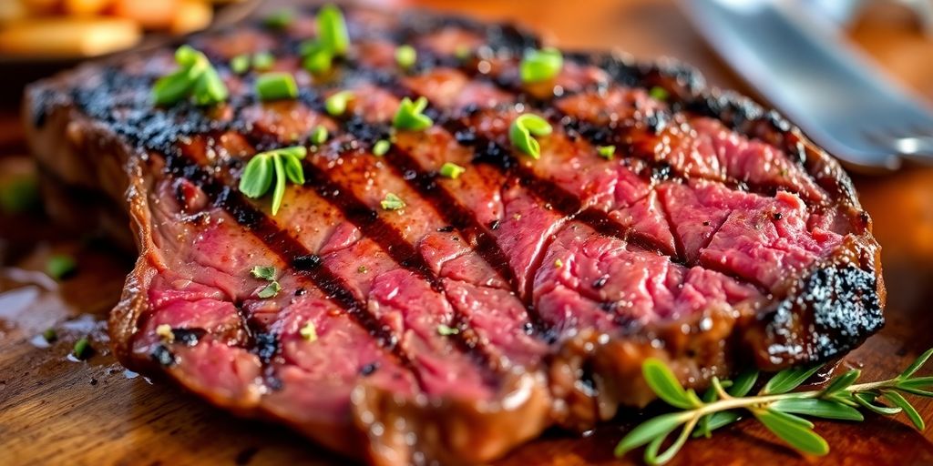 Grilled grass-fed beef steak on a wooden table.