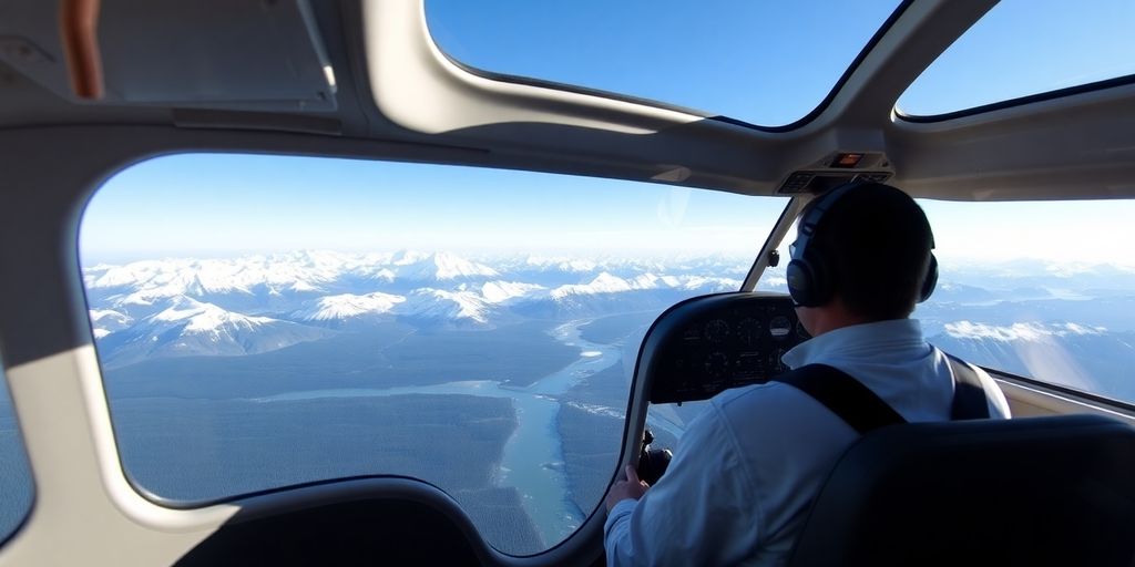 A pilot flies a small plane over Alaskan mountains.