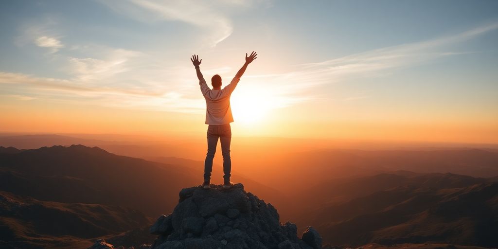 Person confidently reaching a mountain peak.