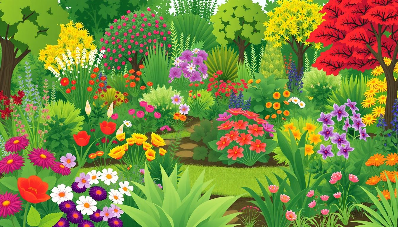 Illustrative lush garden with diverse plants.