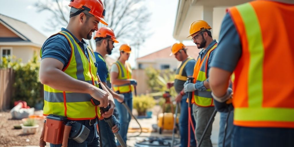 Restoration team working on property with tools and equipment.