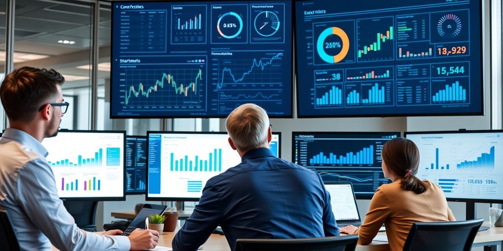 Professionals analyzing data on screens in modern office.