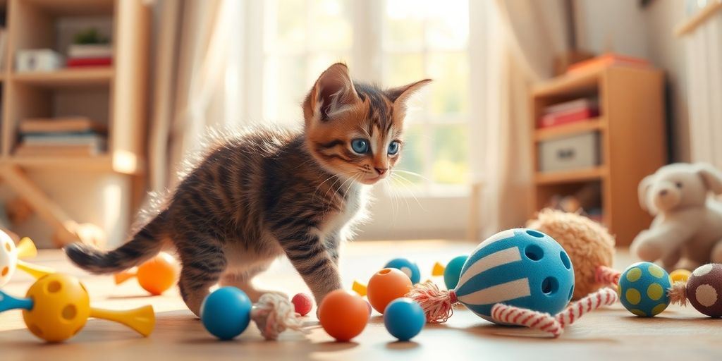 Playful kitten surrounded by colorful toys in sunlight.