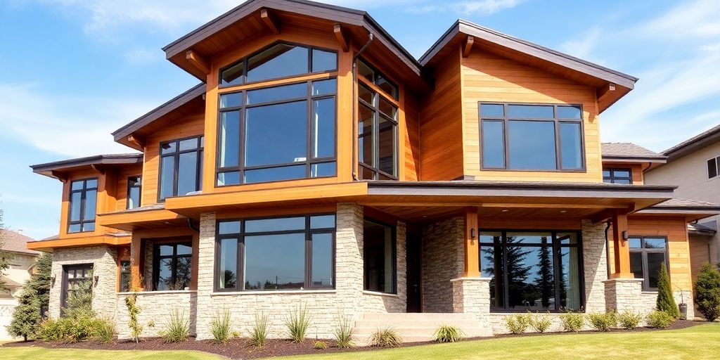 Modern custom home exterior with large windows.