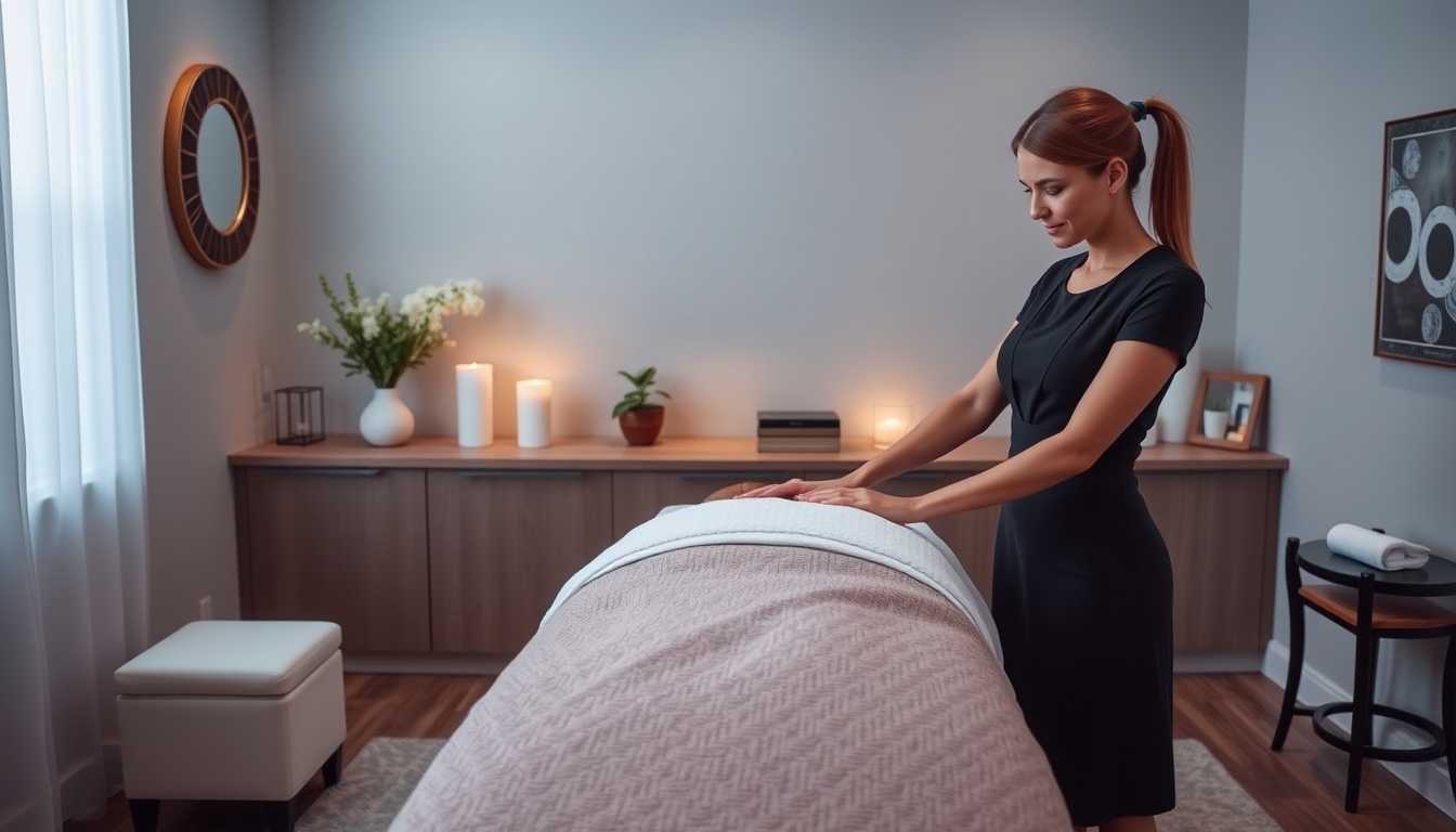Professional massage therapy setting with a masseuse preparing.