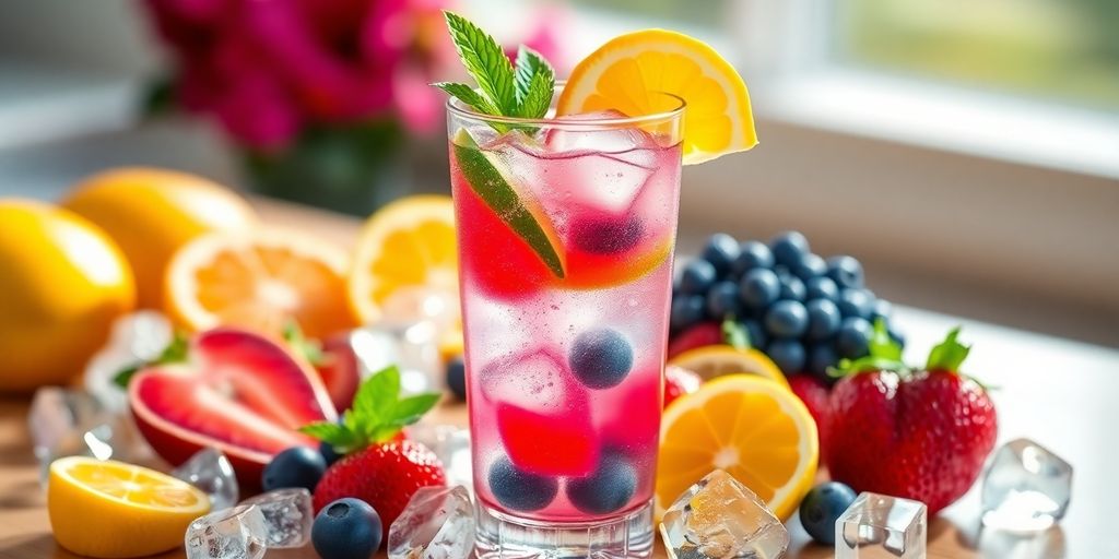 A glass of electrolyte drink with fruits and ice.