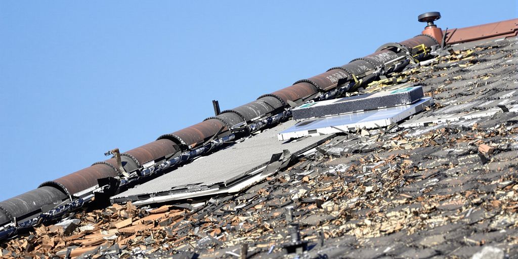 Rooftop repairs with tools and materials on site.
