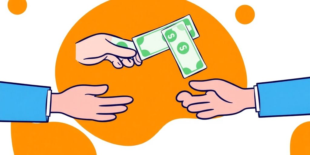 Cartoon hands exchanging money, no credit check.
