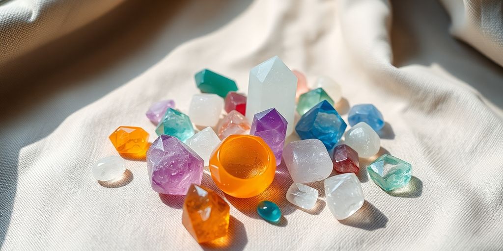 Cristalli colorati su un tessuto naturale.