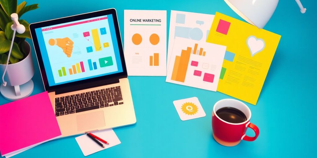 Bright workspace with laptop and marketing materials.
