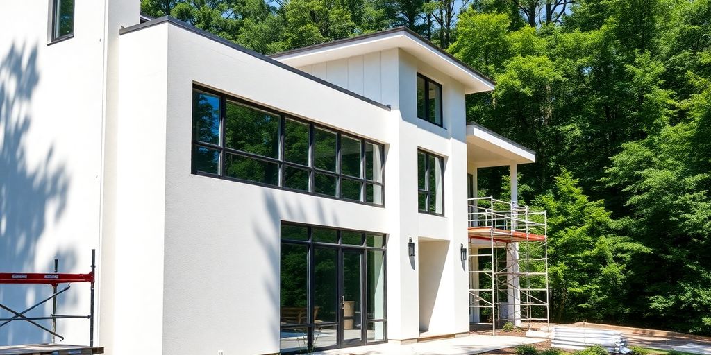 Modern house, lush landscaping, construction elements