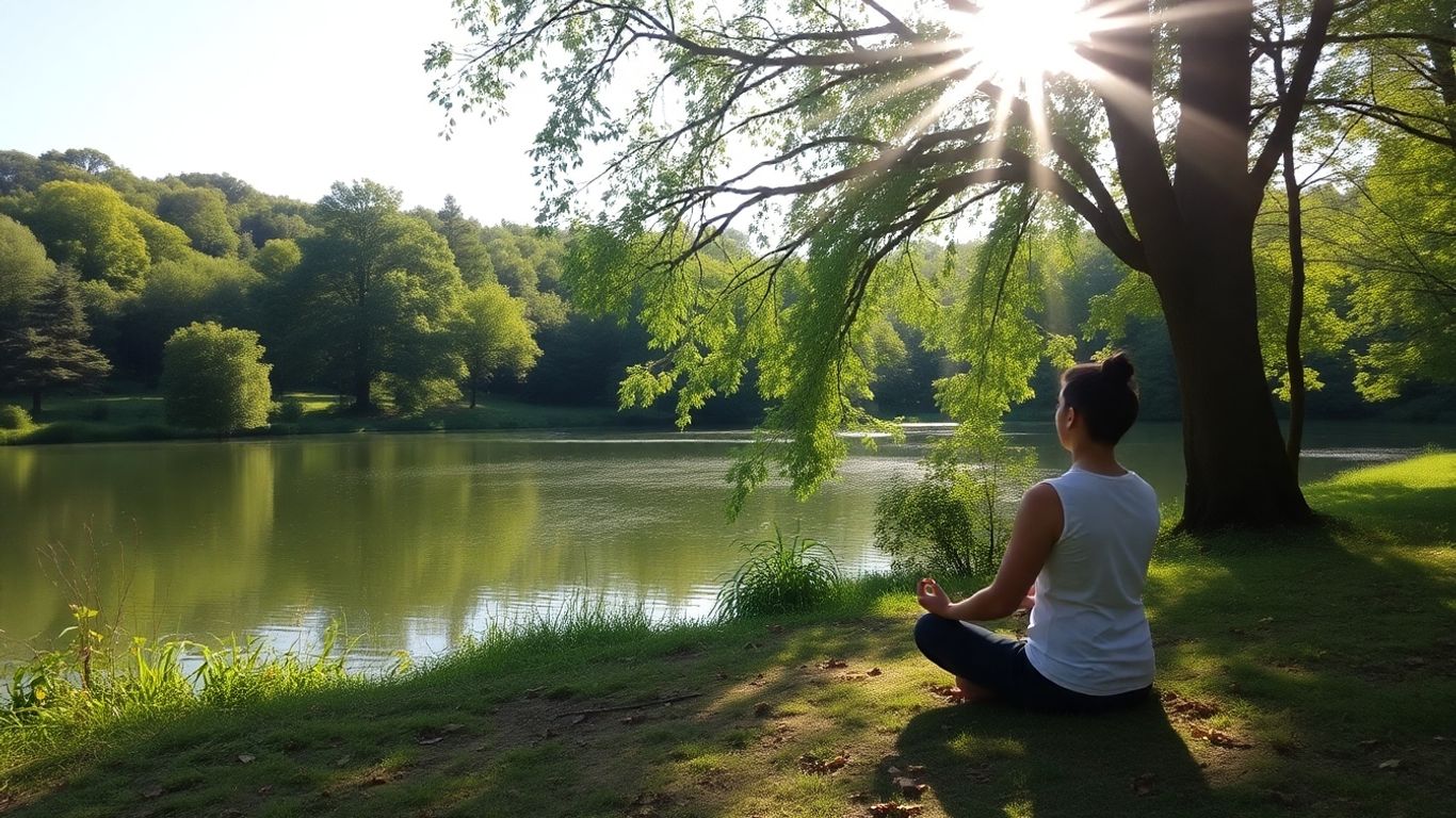 Person meditating peacefully in a serene natural setting.