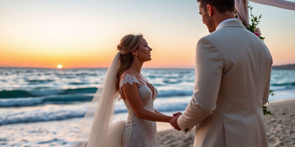 Couple exchanging vows on a beach at sunset.