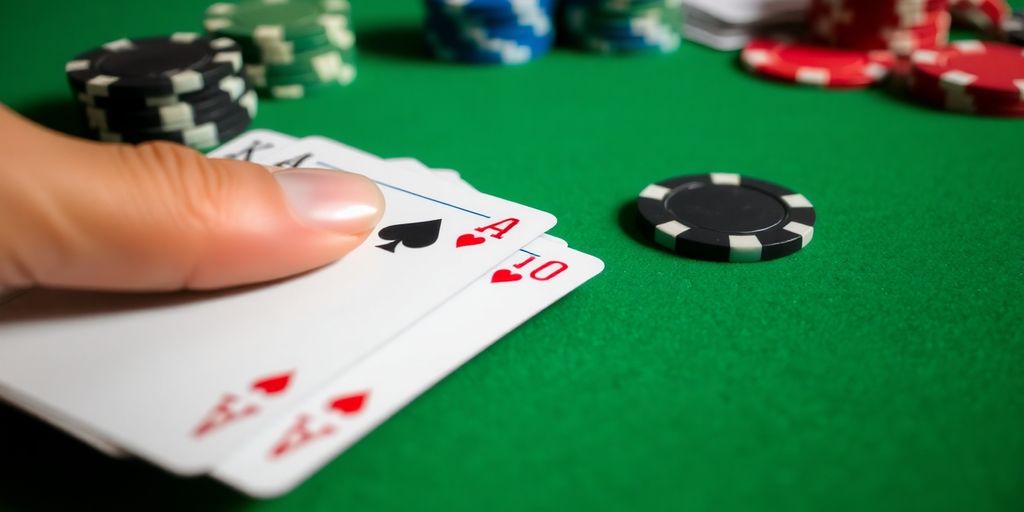 Blackjack cards and chips on a green felt table.