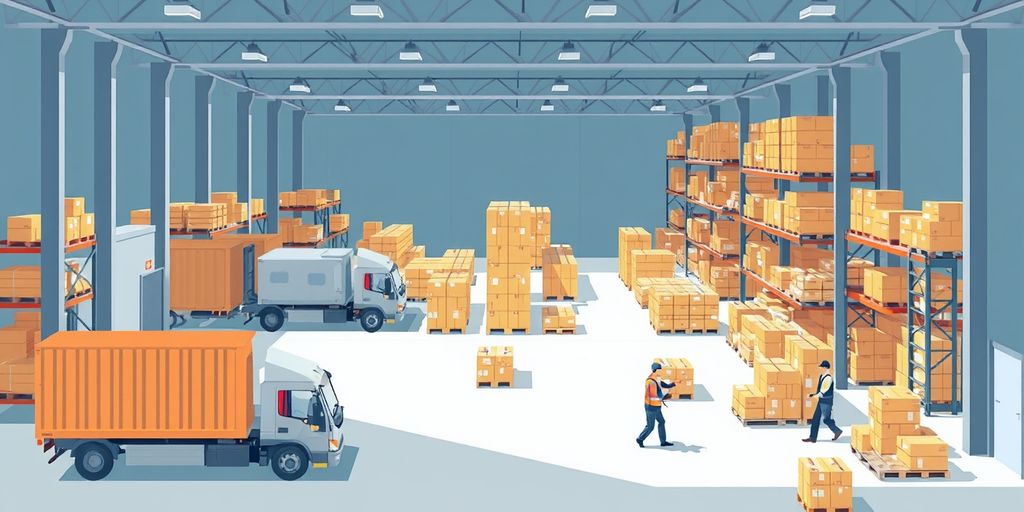 Warehouse logistics with trucks and workers