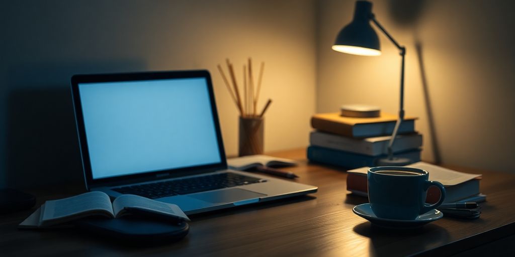 Cozy study space with laptop, books, and coffee.