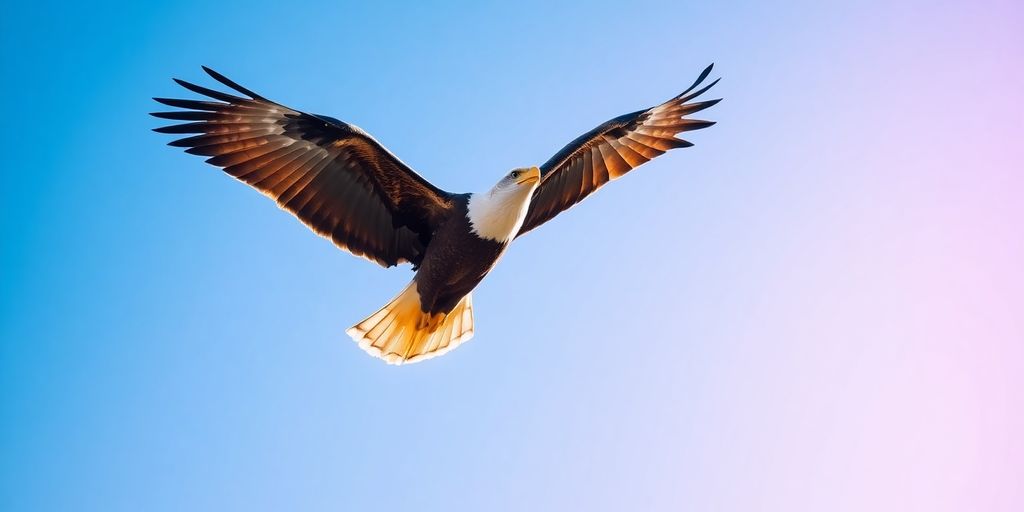 Eagle soaring in a clear blue sky.
