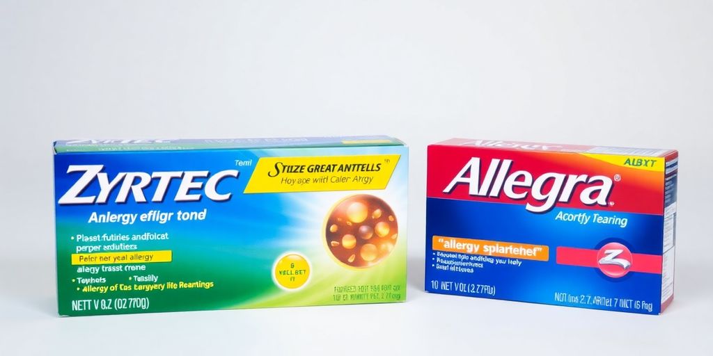 Zyrtec and Allegra packaging side-by-side.