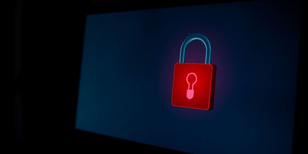 Ordinateur verrouillé, cadenas, figures anonymes inquiétantes.