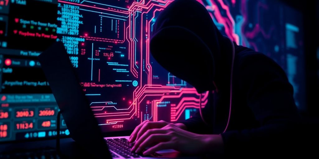 Digital twin interface with hacker at laptop in shadows.