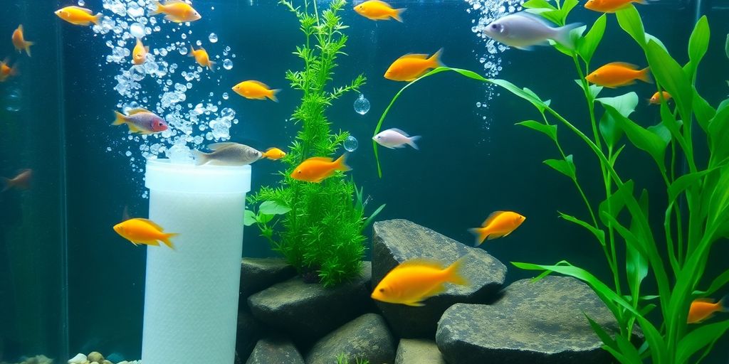 Colorful aquarium with fish and filter media.