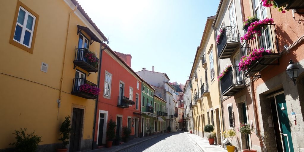 Colorful Portuguese street with charming residential buildings.