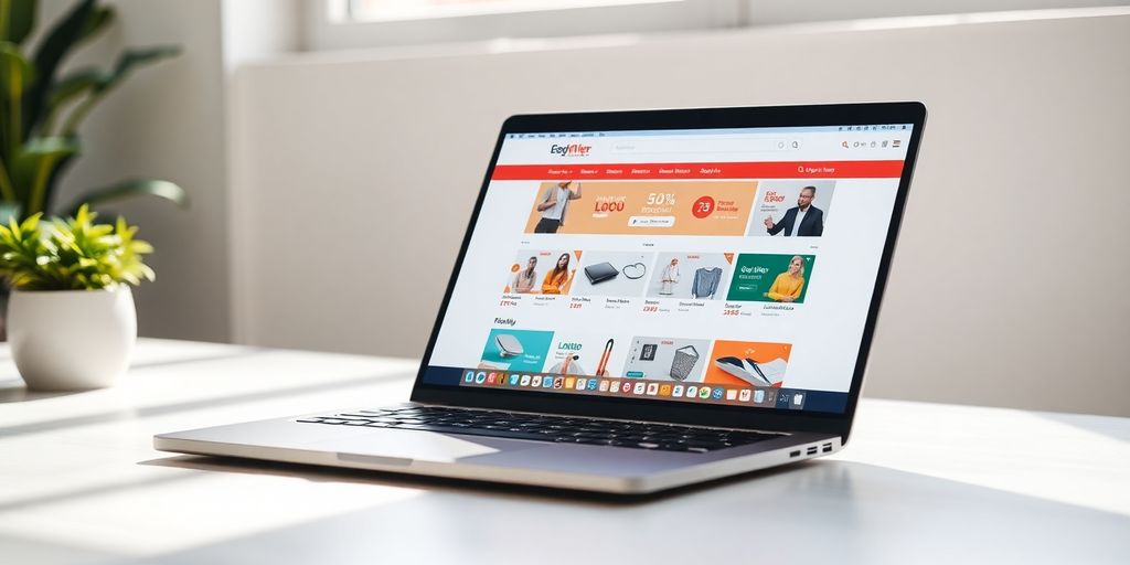 Laptop displaying a vibrant, thriving online store.