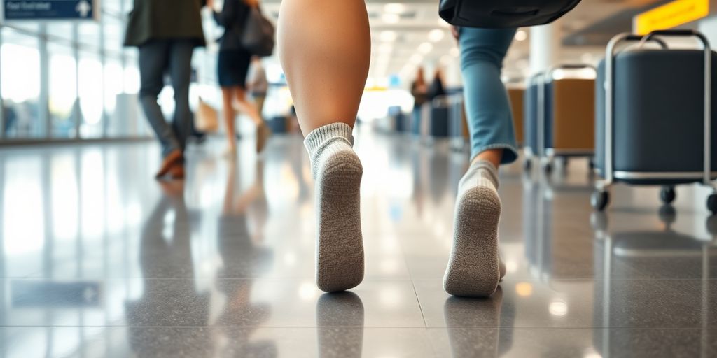 Traveler wearing compression socks, walking through airport.