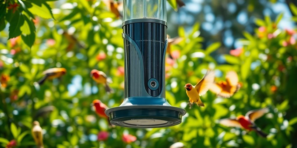 Smart bird feeder attracting colorful birds in a garden.