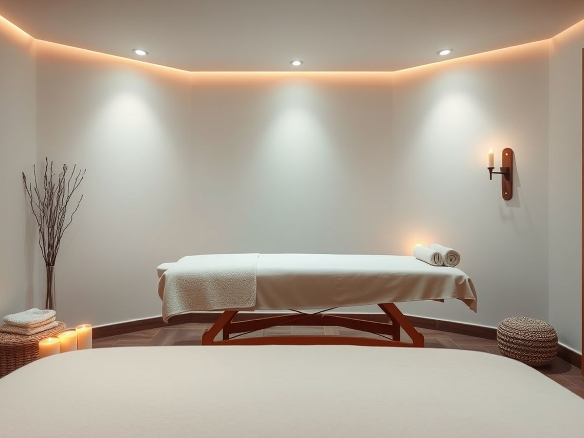 Peaceful spa with massage table and candles.