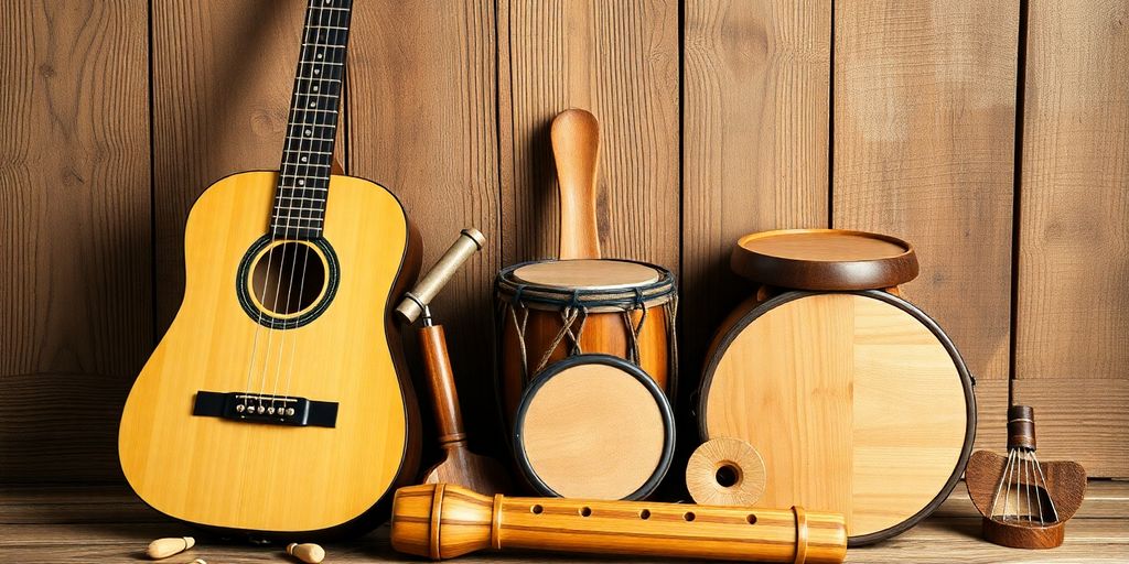 Wooden musical instruments on a rustic background.