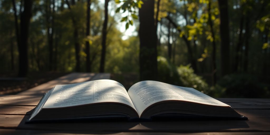 Silhouetted figures around an open Bible in nature.