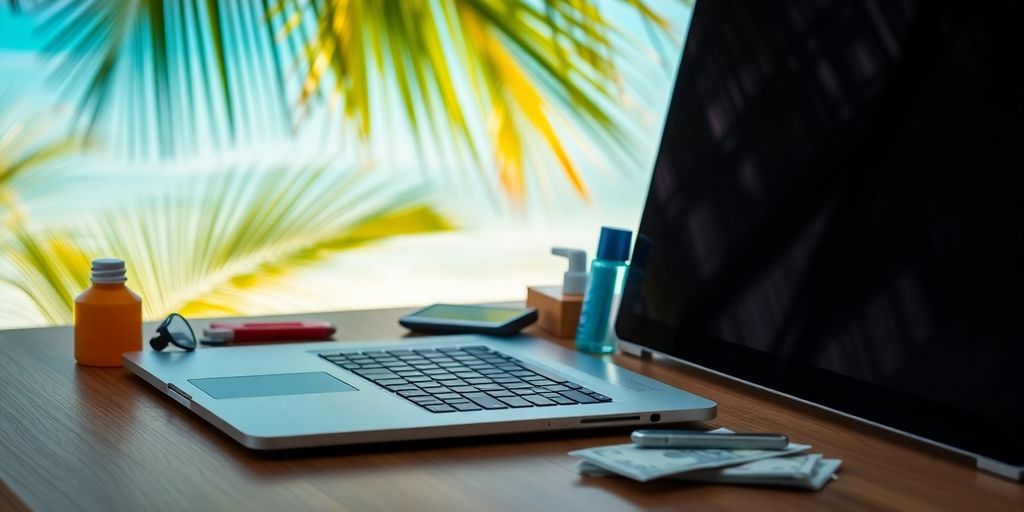 Laptop, products, money, and tropical backdrop.