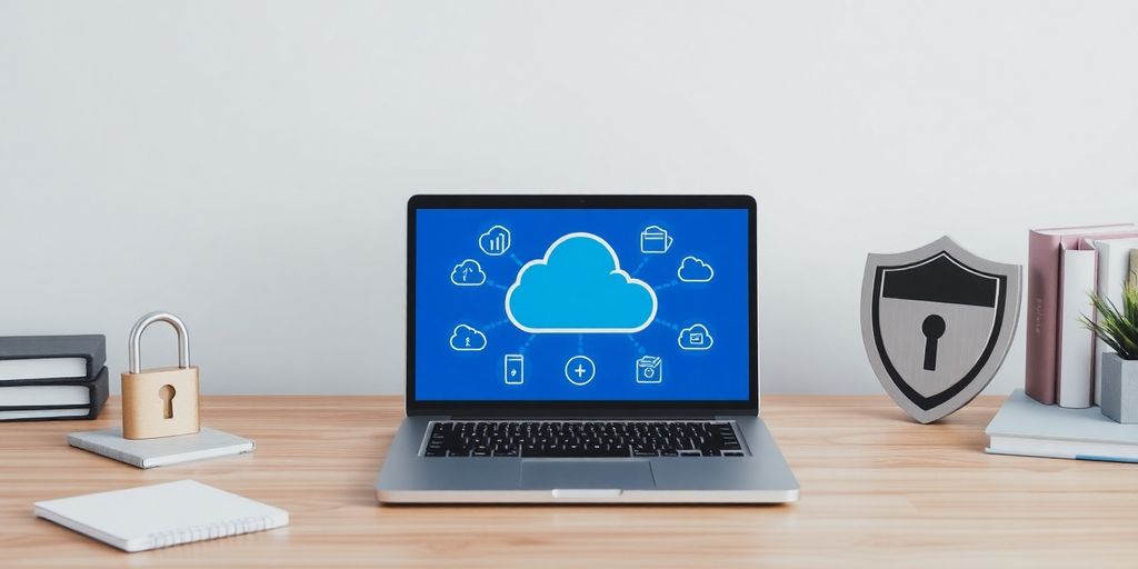 Professional workspace with cloud storage and security elements.