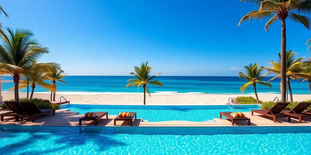 Resort pool and ocean with palm trees, blue sky.