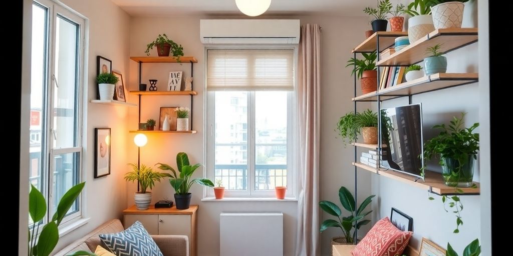 Modern apartment interior with vertical shelves and decor.