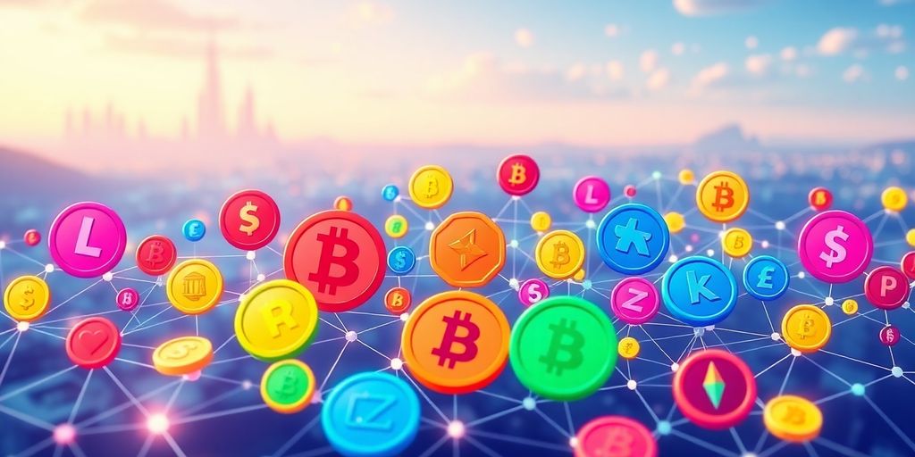 Colorful digital tokens in a decentralized network.