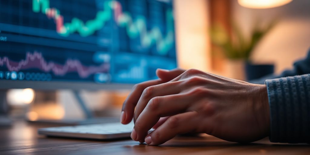 Person observing currency exchange on a screen.