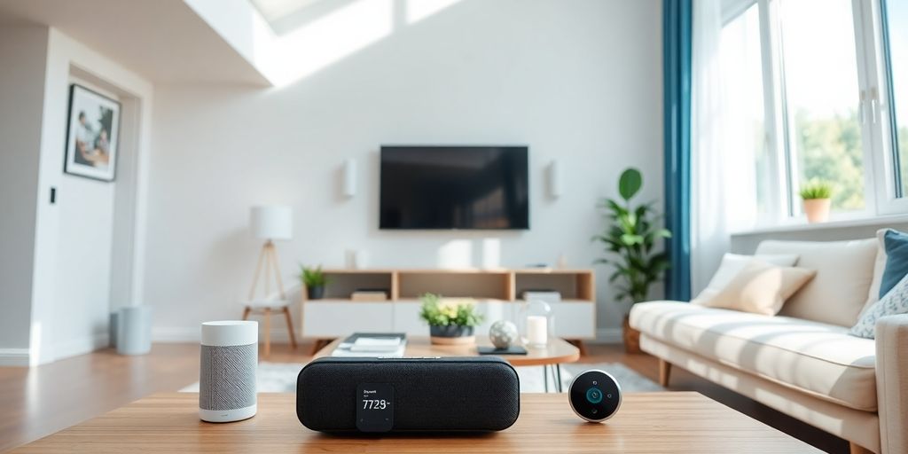 Home automation devices in a modern living room.