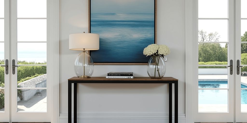 Stylish interior with a table, lamp, and ocean artwork.