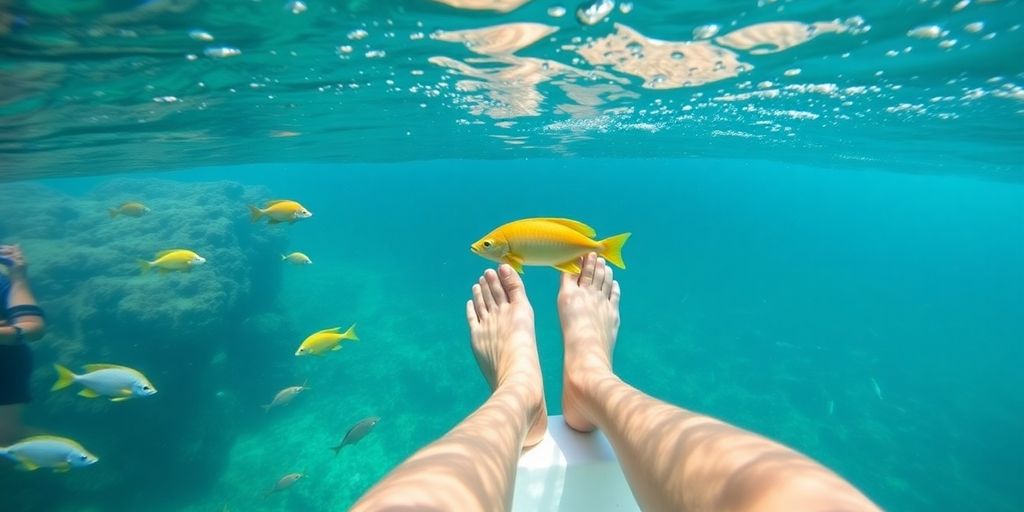 Colorful fish swimming beneath a glass-bottom boat in Cabo.