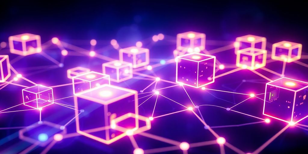 Glowing interconnected blocks, abstract data stream.