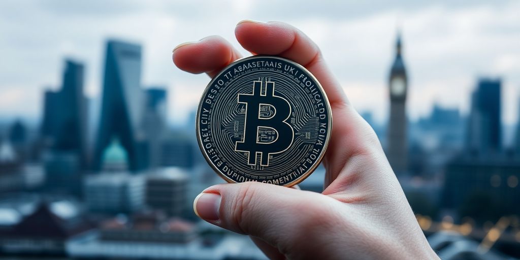 Hand holding a digital coin with London skyline.