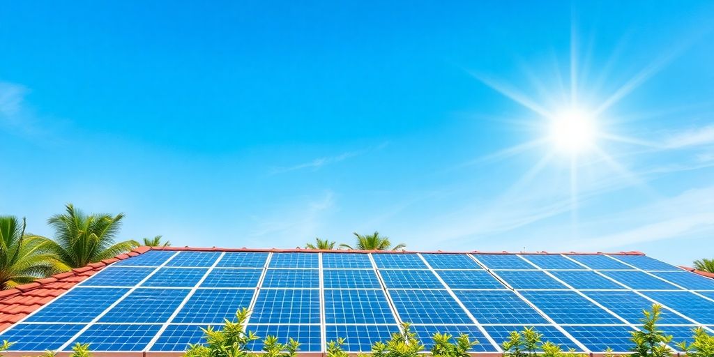 Solar panels on a rooftop under clear blue sky.
