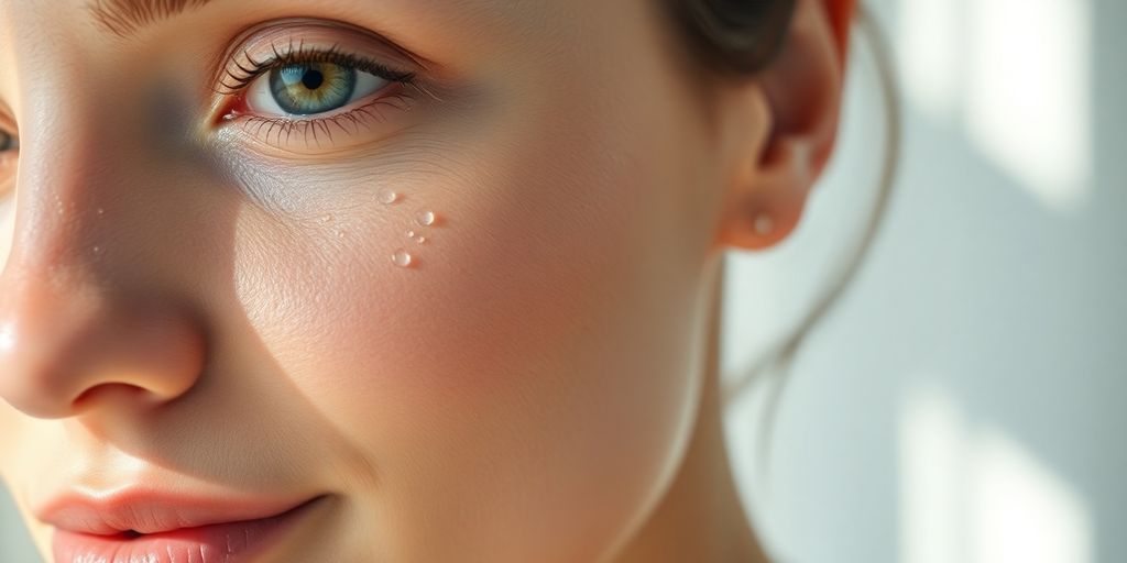 Woman's face with dewy, hydrated skin and a radiant glow.