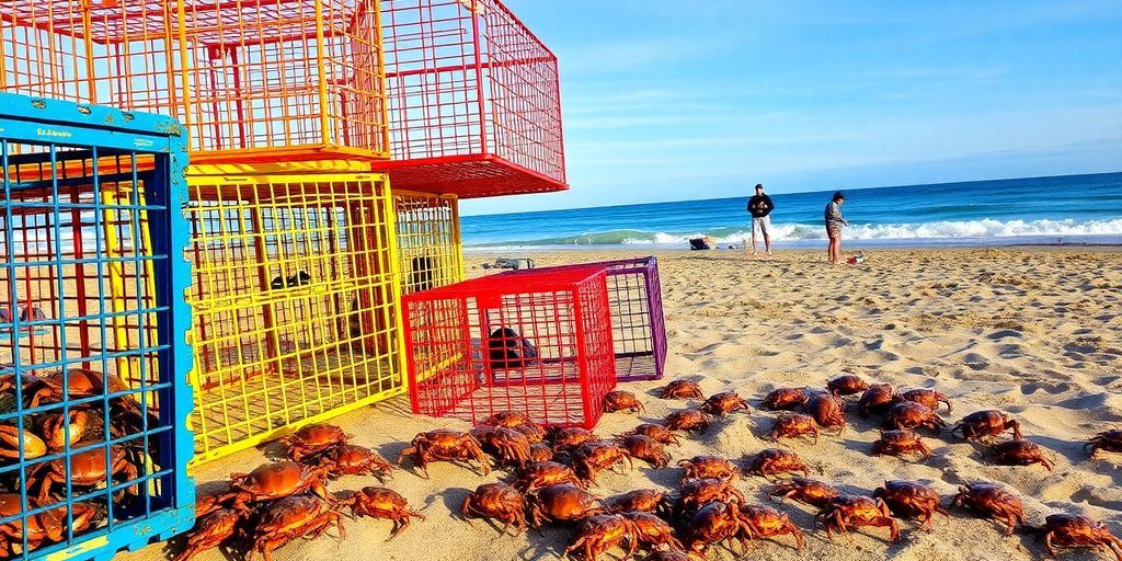Colorful crab traps on a sandy beach near ocean.