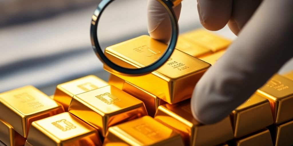 Lingots d'or empilés, main tenant une loupe