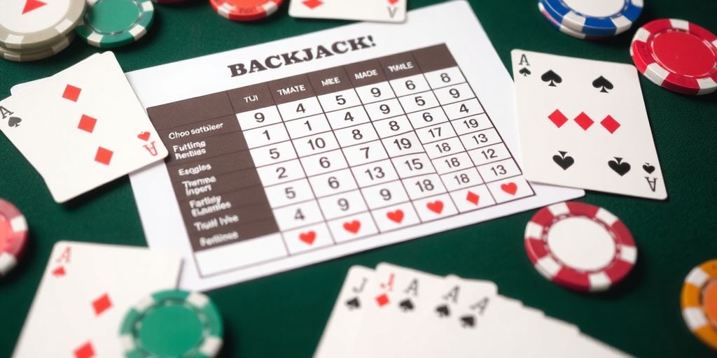 Blackjack strategy chart with cards and chips.